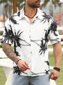 Manfinity RSRT Cămașă cu mânecă scurtă cu imprimeu cocos, ocazional de vacanță, pentru bărbați de mărimi plus