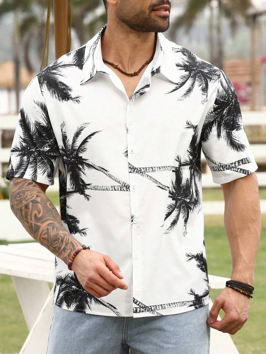 Manfinity RSRT Cămașă cu mânecă scurtă cu imprimeu cocos, ocazional de vacanță, pentru bărbați de mărimi plus