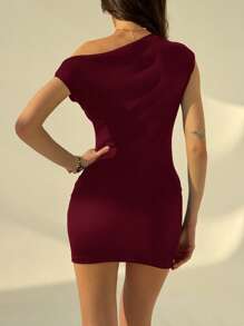 Aloruh Đầm mini ôm cổ lệch thanh lịch gợi cảm cho nữ - Màu Đỏ Sâu - Xem 7