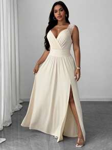 SHEIN Clasi Váy kaki chữ A xẻ tà cổ chữ V thanh lịch, viền ren, không tay, xẻ tà dành cho nữ cỡ lớn, thích hợp mặc hàng ngày, dự tiệc, đám cưới, mùa xuân và mùa hè - Màu be - Xem 6