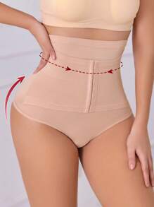 SHEIN Women Solid Tummy Control Body Shaper Seamless High Waist Cincher Shapewear Bottom With Hook-And-Eye Closure And Thong Design - Apricot - View 2