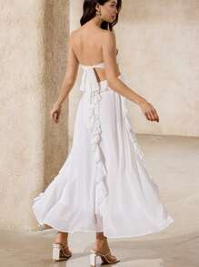 GENKIRA Vestido sin mangas de estilo bohemio de verano con volantes en el bajo, de múltiples capas, con escote de corpiño, de gasa de unicolor, estilo vacacional - Blanco - Ver 2