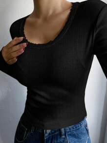 DAZY Lace Patchwork Slim Fit Women's Long Sleeve T-Shirt,Fall Clothes - Black - View 2