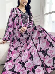 SHEIN Najma Lace Patchwork Floral Print Modest & Romantic Style Arabian Dress - Pink - View 4