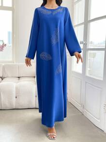 SHEIN Najma 女士宽松优雅休闲水钻装饰长袍，端庄 - 藍色 - 查看 6