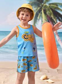 Shark Week X SHEIN Young Boy Summer Casual Vacation Shark Print Tank Top And Shorts Set - Multicolor - View 1