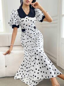 Modelyn Black & White Patterned Peter Pan Collar Puff Sleeve Dress - Black and White - View 6