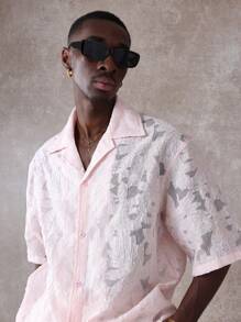 Áo sơ mi khu nghỉ dưỡng cổ Organza Burnout Luxury vừa vặn với kỳ nghỉ hè, tiệc bãi biển, phòng chờ, thiết kế cài nút tay ngắn - Màu Hồng  San hô - Xem 3