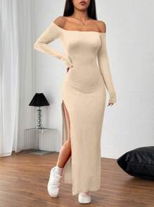 Gloray Đầm Maxi hở vai xẻ cao màu đỏ gợi cảm - Màu be - Xem 3