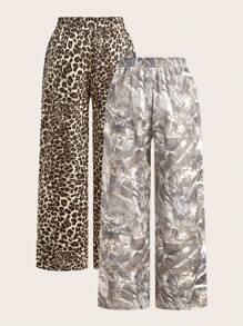 SHEIN EZwear 梭织双色豹纹女式休闲喇叭裤 - 彩色 - 查看 8