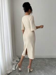 Selianne 女士圆领珍珠装饰腰带优雅浪漫连衣裙 - 杏色 - 查看 2