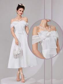 Modelyn Elegant Women's White Midi Dress With Bow Detail And Spaghetti Straps - White - View 5