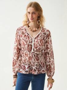 Florisole V-Neck Cap Sleeve Embroidered Bohemian Red-Brown Blouse For Summer - Coffee Brown - View 3