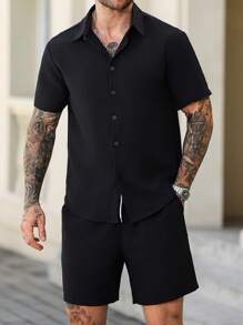 Manfinity Homme 2pcs/Set Men's Textured Jacquard Short Sleeve T-Shirt And Shorts Set - Black - View 5