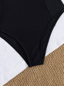 Swim Vcay Swim Mod Women One-Piece Swimsuit, Fresh Solid Color With 3D Floral Decor, Sexy Bow Accent, One-Piece Swimwear For Summer Beach - Black - View 4