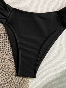 Swim Vcay 女士春假海滩度假性感金属配饰全素食高切褶皱细肩带比基尼套装，女士夏季泳装 - 黑色 - 查看 5