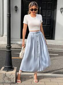 Pariaura Women's Single-Breasted, Belt-Loop Design, High-Waisted Skirt, Suitable For Spring And Summer - Blue - View 3