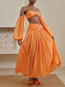 Arave 雪纺纯色抹胸式文胸背心搭配荷叶边裙，性感夏季海滩度假装女式两件套