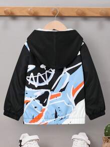 SHEIN 男童毛絨內裡帶連帽花印夾克 - 黑色 - 查看 2