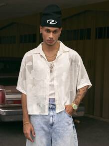 AXEPEAK Men's Loose Cut Short Sleeve Collared White Shirt With Cutout Floral Pattern, Streetwear Edition