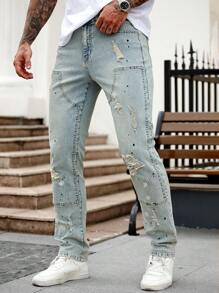 Manfinity EMRG Men's Light Blue Distressed Denim Skinny Jeans, Streetwear Elastic Fit