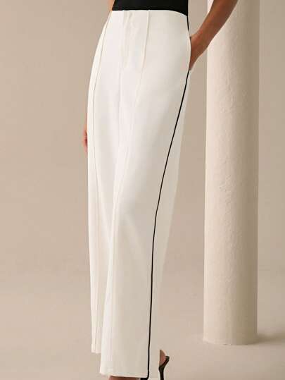 Lilora 女式现代优雅腰带直筒裤夏季度假白色裤子白色通勤长裤时尚外出，都市风格优雅通勤，日常派对外出适合夏季，春季女士