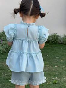 SHEIN Cute Babygirl Summer Vacation Light Blue-Green Ruffle Trim Top And Elastic Waist Shorts Set