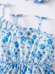 SHEIN Elladie kids Bộ đồ liền thân buộc dây phía trước họa tiết sọc + hoa cho bé gái - Màu xanh lam - Xem 7