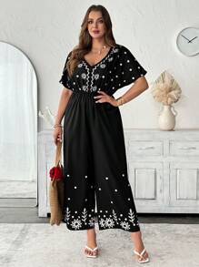 Flirla New Fashion Deep V-Neck Printed Black Waisted Long Sleeve Jumpsuits - Black - View 5