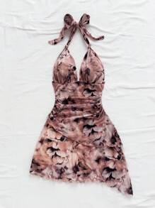 Soleia Váy ngắn lãng mạn, cổ chữ V, in hoa nhuộm loang, có dây rút, thích hợp cho các dịp lễ, hẹn hò, tiệc trà chiều ngày lễ tình nhân - Nhiều màu - Xem 7