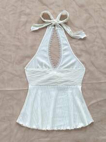 Soleia 女士度假针织波浪纹理提花 V 领蕾丝花边腰带 A 字上衣，适合派对、约会、下午茶、海滩、夏季 - 米色 - 查看 2