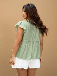 Elaquor Plus Size Women's Holiday Botanical Pattern Tie Neck Cap Sleeve Blouse - Green - View 2