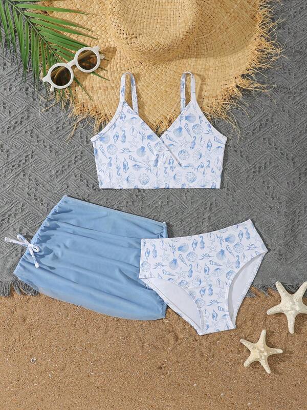 Young Girls 3pcs Seashell Print Bikini Sets With Mini Skirt, Fashion Elegant Casual Swimwear Suit Suitable For Swimming, Vacation, Summer Young Girl Summer Outfits Young Girls Sets Summer Sets For Girls Summer Girl Sets Sets For Summer Girls