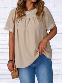 EMERY ROSE 加大码花卉刺绣短袖休闲度假衬衫，乡村休闲度假女士，简约时尚，适合日常穿着，夏季女士上衣，夏季，度假女士夏季办公室穿着，度假女士，夏季节日波西米亚风，假日