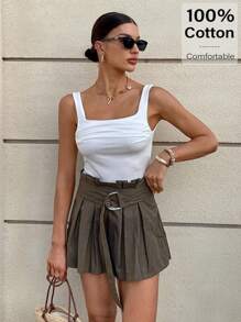 SHEIN Essnce Damen einfarbige modische Shorts, geeignet für den Sommer - Armeegrün - Übersicht 2
