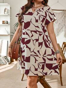 SHEIN LUNE Vestido de verano informal de mujer talla grande con estampado geométrico, para vacaciones y uso diario - Burdeos - Ver 3