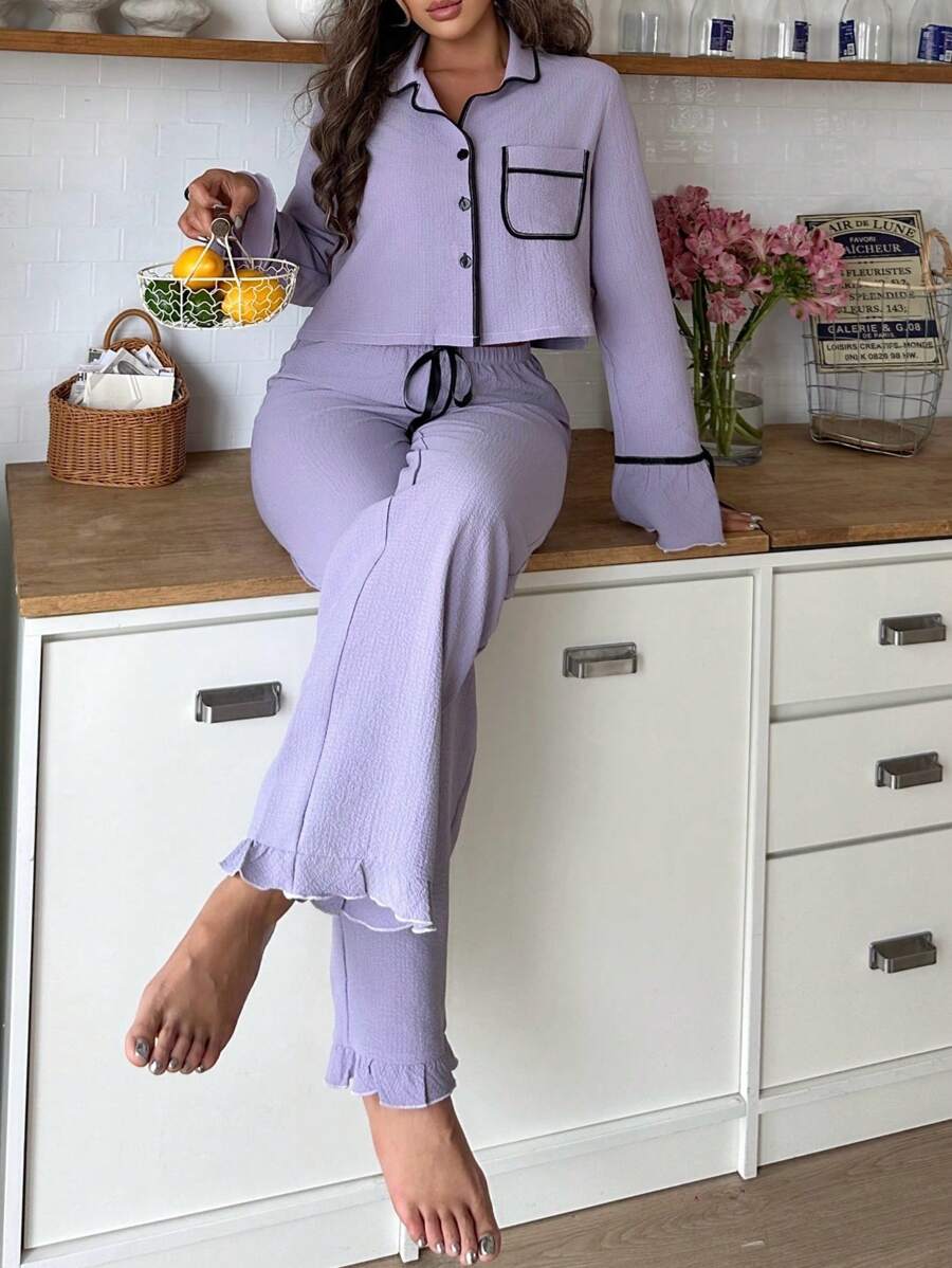 SHEIN Bộ đồ ngủ dài tay viền màu tương phản dành cho nữ, trang phục thu đông - Màu tím - Xem 1