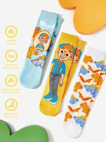 Blippi X SHEIN 3 Pairs Cartoon Figure Graphic & Dinosaur Pattern Kids Socks Set, 100% Cotton