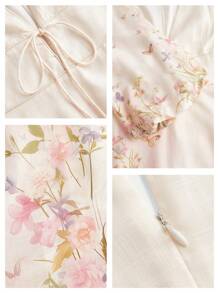 Anewsta Vestido largo elegante y vintage con estampado floral francés y cuello en V, atuendo para el festival de primavera