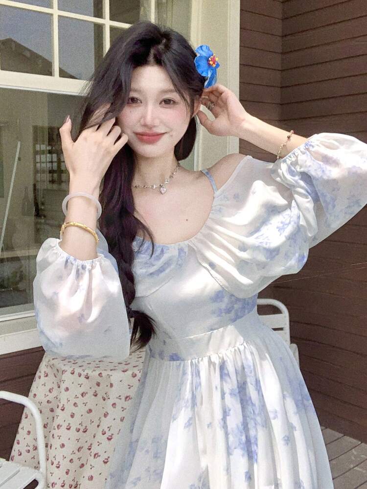 Women's Elegant Floral Print Long Sleeve Dress, Spring/Summer