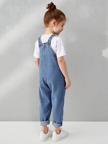 Denimly Young Girl Fashionable Cute Casual Outdoor School Bowknot Printed Denim Bib Pants And Jumpsuit With Pleat Pocket Washed Denim Overalls