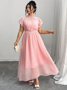 Elenzga Váy dài tay màu hồng nhạt thanh lịch bằng vải chiffon dệt kim cỡ lớn cho nữ mùa xuân/hè - Bụi hồng - Xem 1