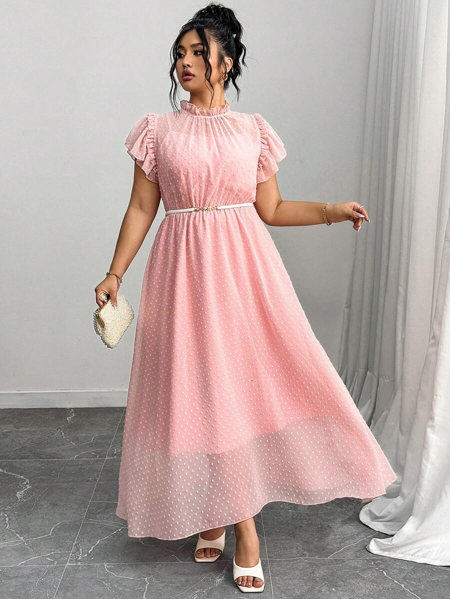 Elenzga Váy dài tay màu hồng nhạt thanh lịch bằng vải chiffon dệt kim cỡ lớn cho nữ mùa xuân/hè - Bụi hồng - Xem 1