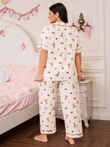 SweetSlumber Conjunto de pijama talla grande con estampado de conejo con moño, arrugado y holgado