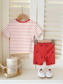 SHEIN 女宝宝休闲简约圆领草莓条纹印花短袖T恤和紧身短裤套装，适合春夏季 - 彩色 - 查看 3