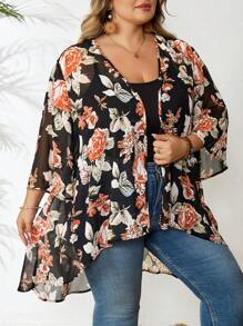 SHEIN CURVE+ Plus Size Women's Summer Lace Splice Black Casual Loose Long Arabic Robe, Vacation Bohemian Thin Cardigan Outerwear, Curve Plus, Boho Vacation - Black - View 5