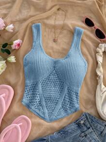 Soleia 全新优雅度假腰部设计针织无袖上衣 - 藍色 - 查看 5