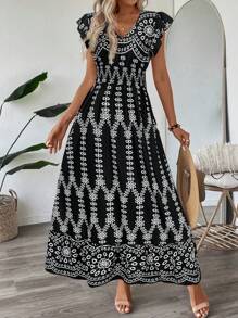 SHEIN LUNE 褶皱荷叶边荷叶袖喇叭腰下摆长裙，蓝白瓷印花，女士休闲度假优雅街头服饰 - 黑色 - 查看 4