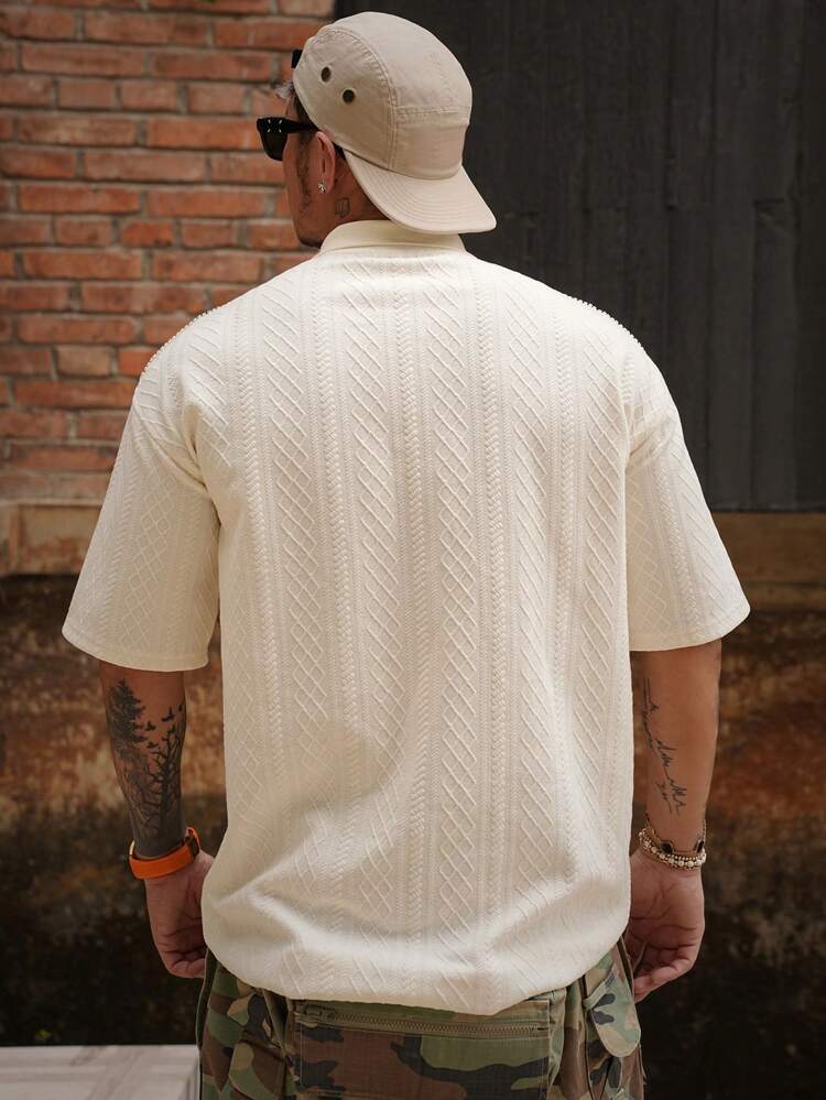 Men's Beige Polo Shirt With Letter Embroidery & Shiny Pearl Design, Summer