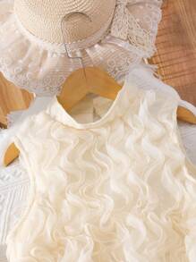 Tween Girls Solid Sleeveless Stand Collar 3D Ruffle Elegant Summer Dress - Apricot - View 4